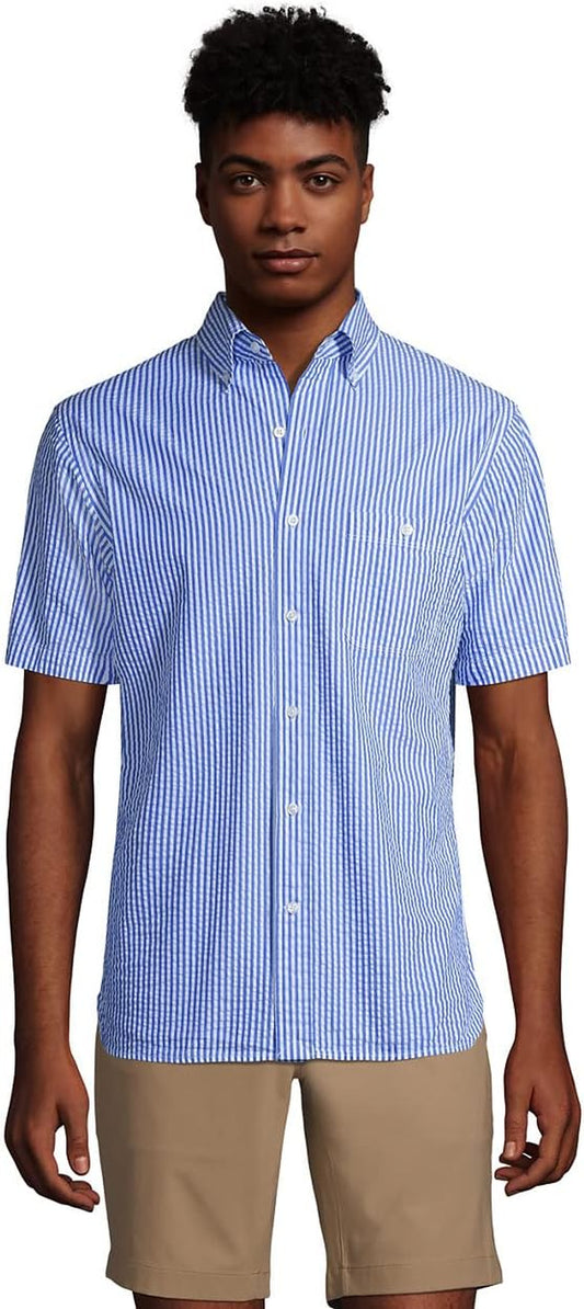 Mens Traditional Fit Seersucker Shirt Aurora Blue Stripe