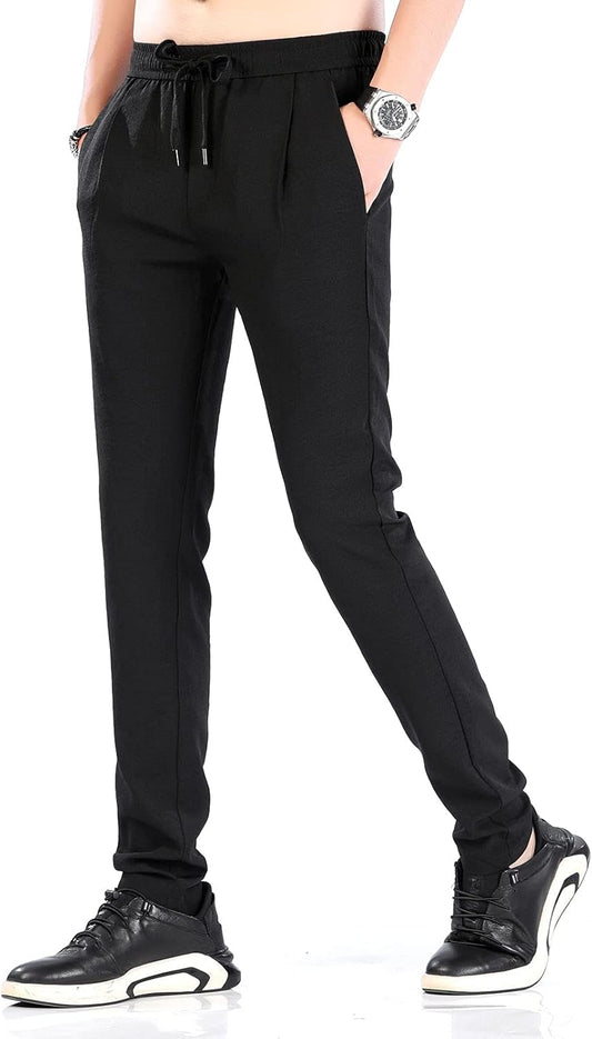 Men’S Linen like Seersucker Pants Slim Fit Beach Pants with Drawstring