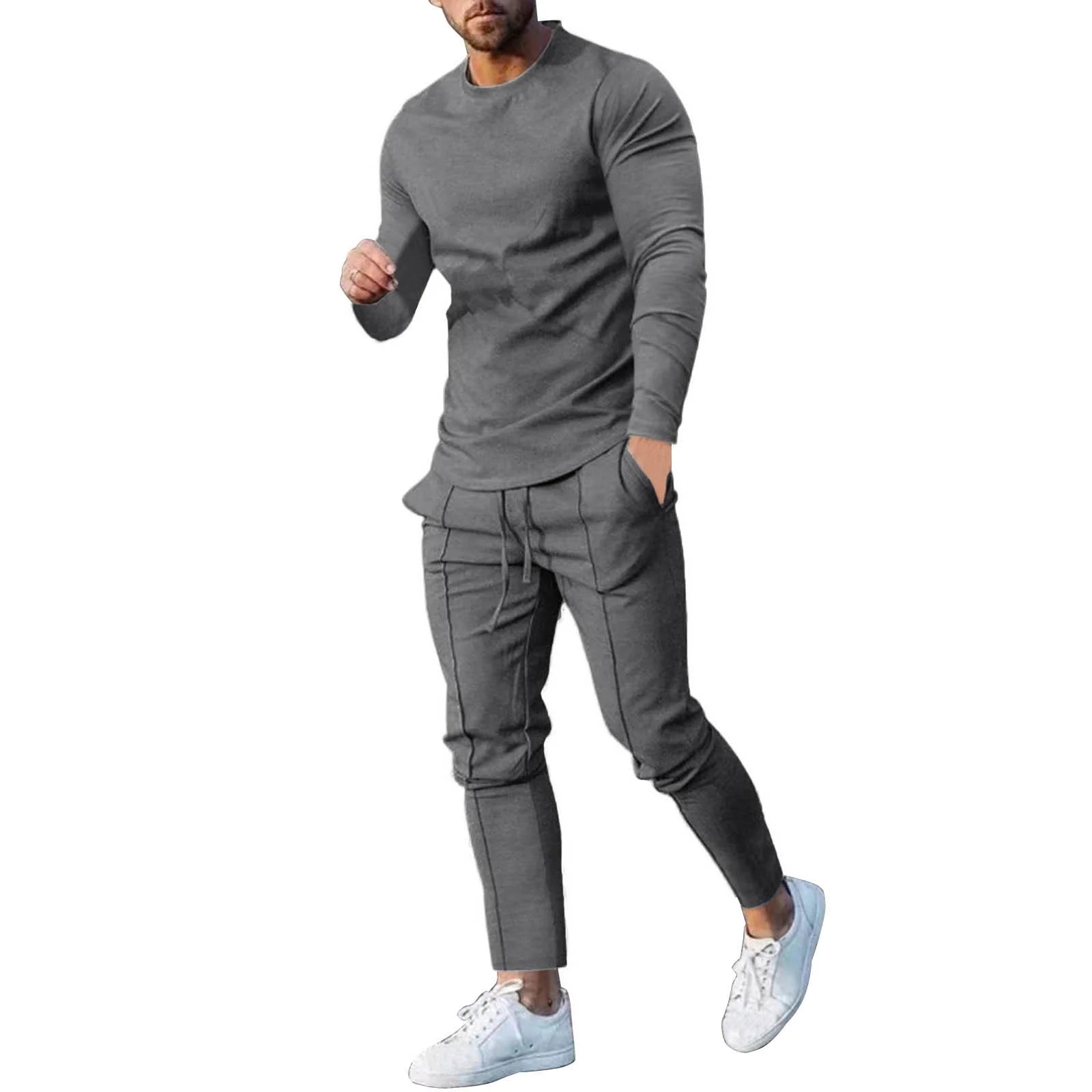 Men'S Tracksuits Tight T-Shirt and Pants Set Outfit Two-Piece Fitness Solid Training Casual Sports Sweatsuits