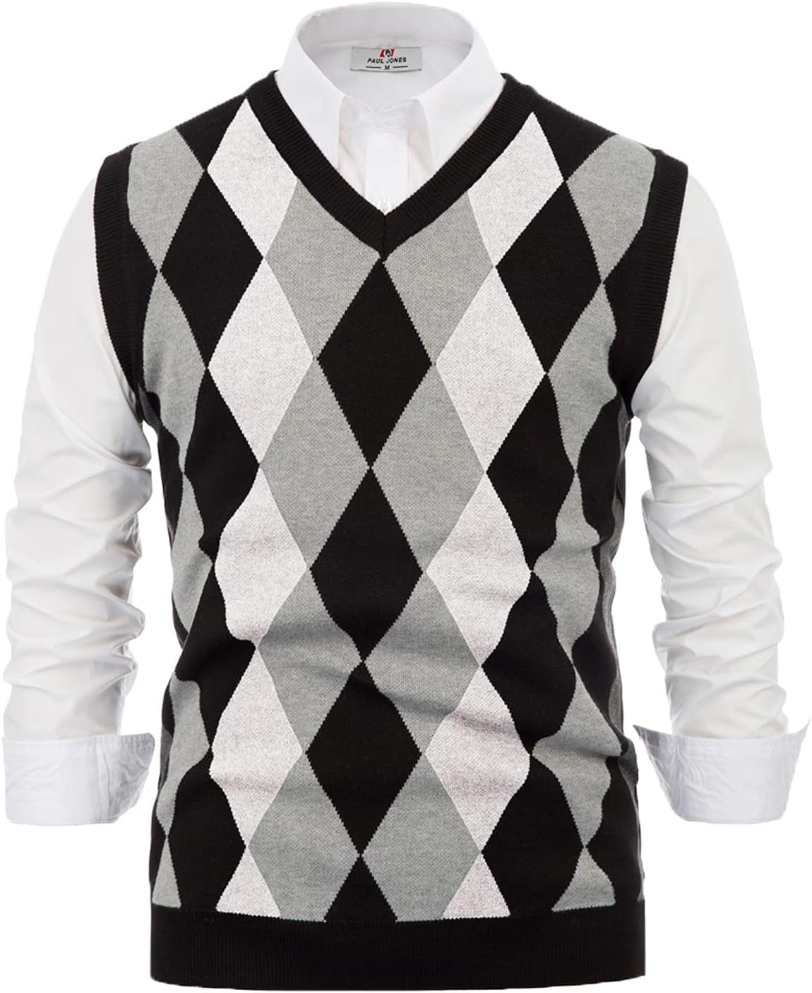 Mens Argyle Sweater Vest Diamond V Neck Knit Pullover Sweaters Vests White M