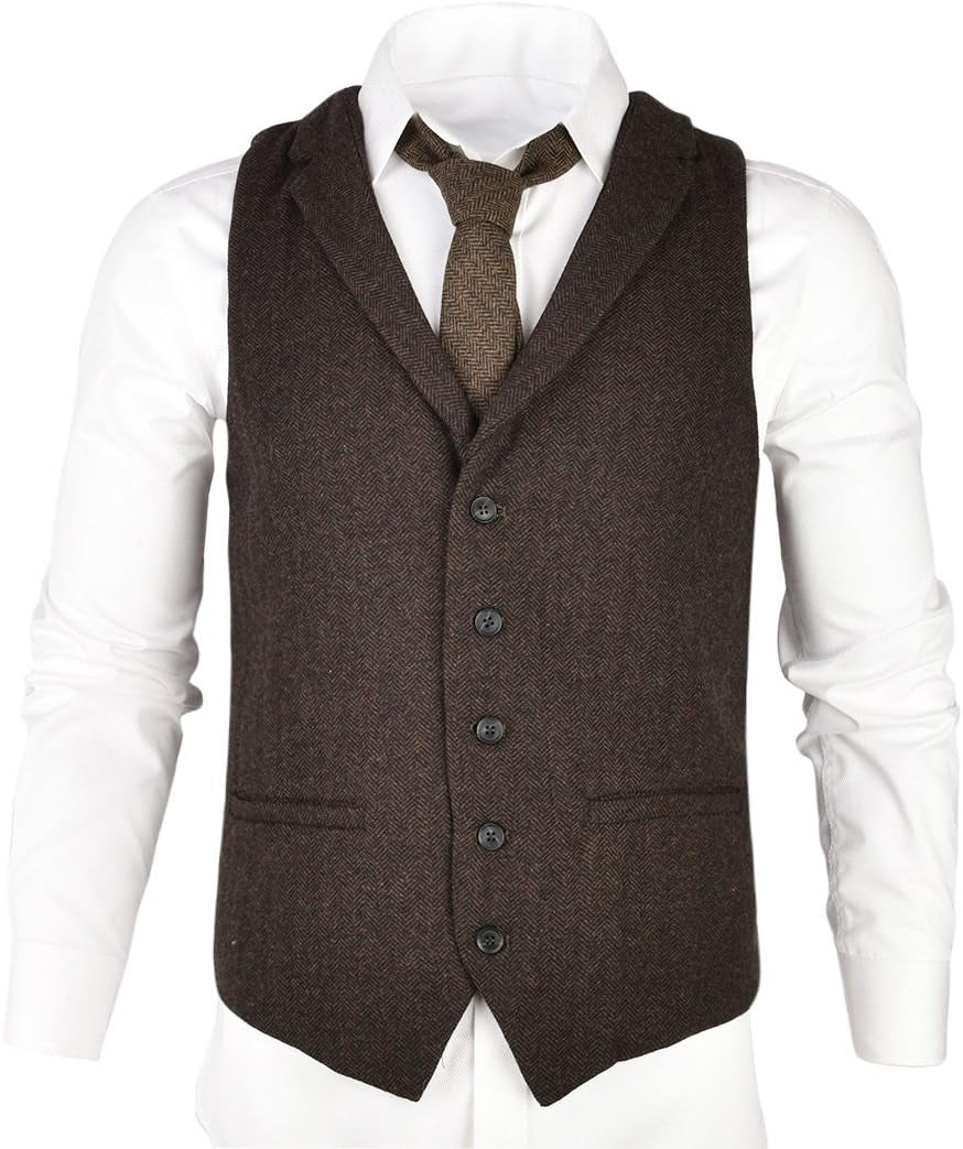 Mens Herringbone Tailored Collar Waistcoat Fullback Wool Tweed Suit Vest