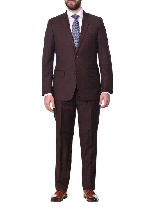 Mens Classic Fit Two Button 100% Wool Wrinkle Resistant Suit - Solid Brown