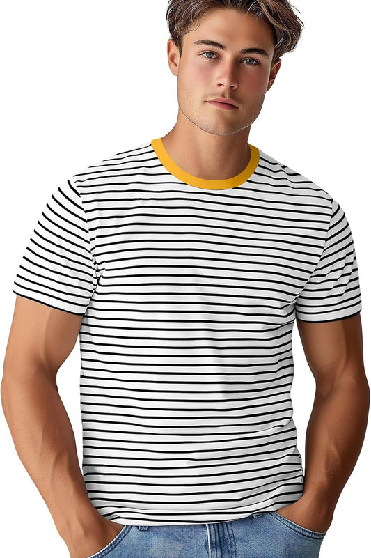 Mens Striped T Shirt Short/Long Sleeve Crewneck Tee