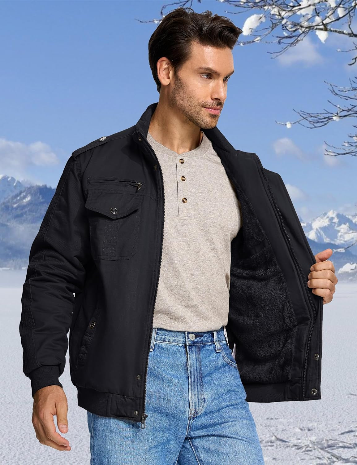 Men'S Winter Casual Thicken Multi-Pocket Field Jacket Outwear Fleece Cargo Jackets Coat