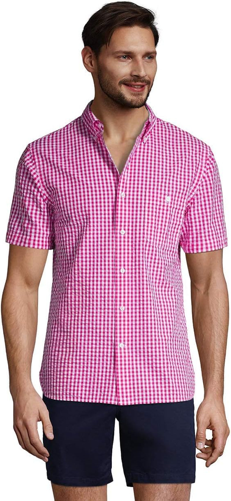 Mens Traditional Fit Seersucker Shirt Vibrant Magenta Gingham Regular Large