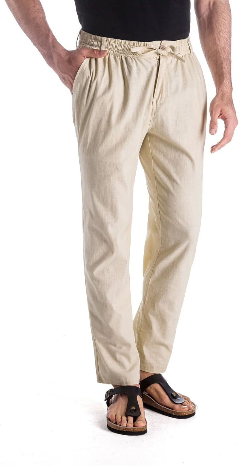 Men’S Linen Drawstring Casual Beach Pants-Lightweight Summer Trousers