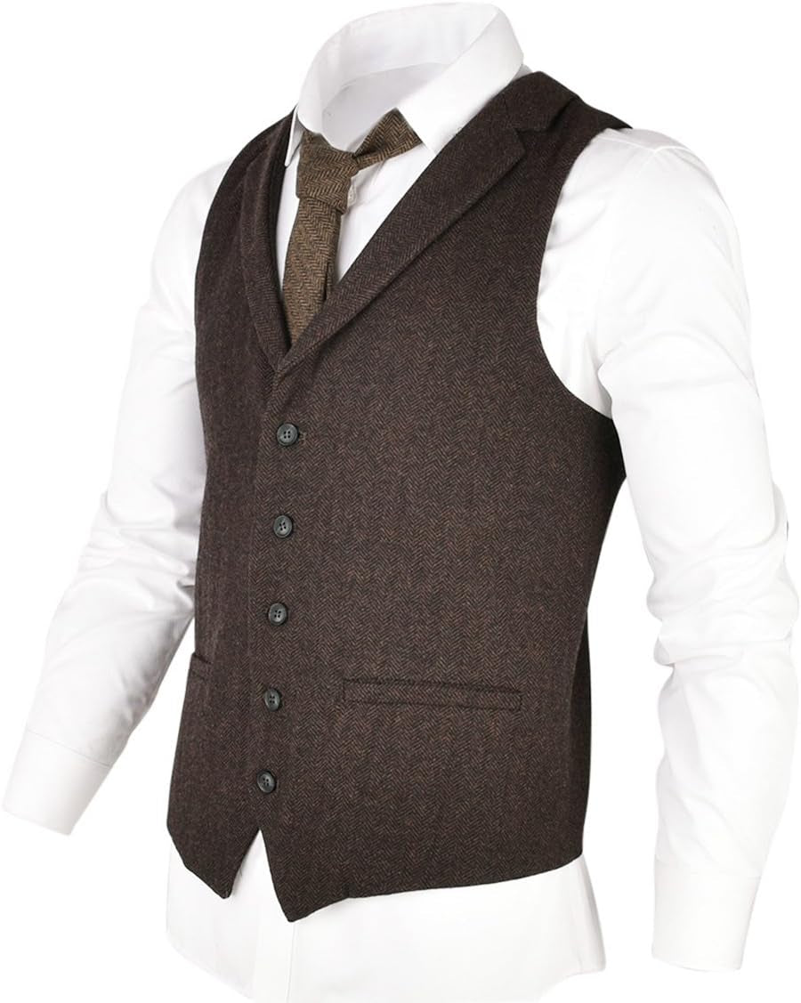 Mens Herringbone Tailored Collar Waistcoat Fullback Wool Tweed Suit Vest